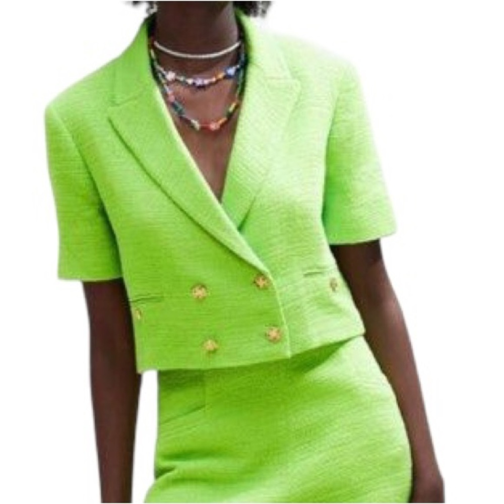 Zara Bright Green Textured Tweed Gold Button Blogger Fave Cropped Blazer - S